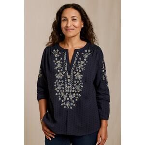 J. Jill Embroidered Boho Blouse | Navy Blue Floral Cotton Top | Size XL
